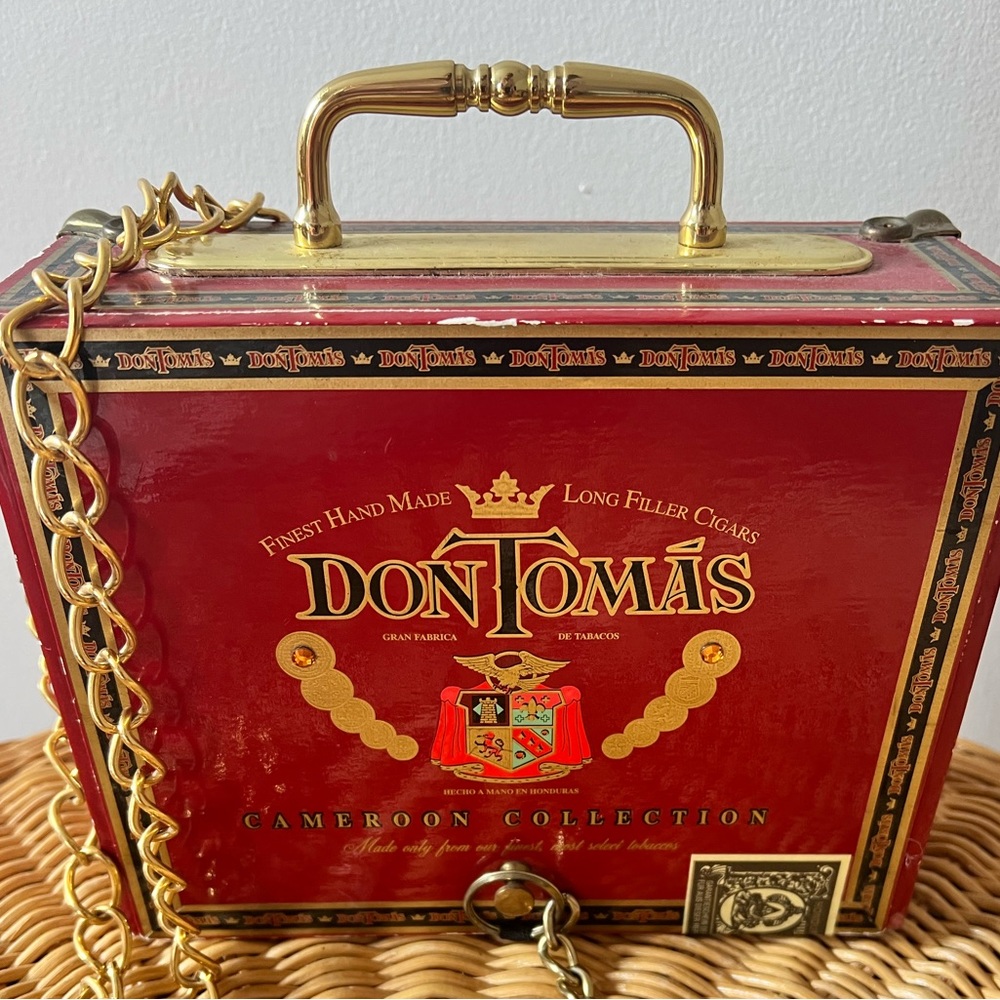 Cigar box, purse, Don Thomas gold colored metallic strap top closure retro